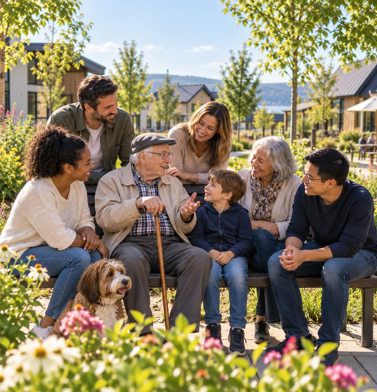 Aîné échangeant avec un enfant et des adultes de différentes générations et cultures